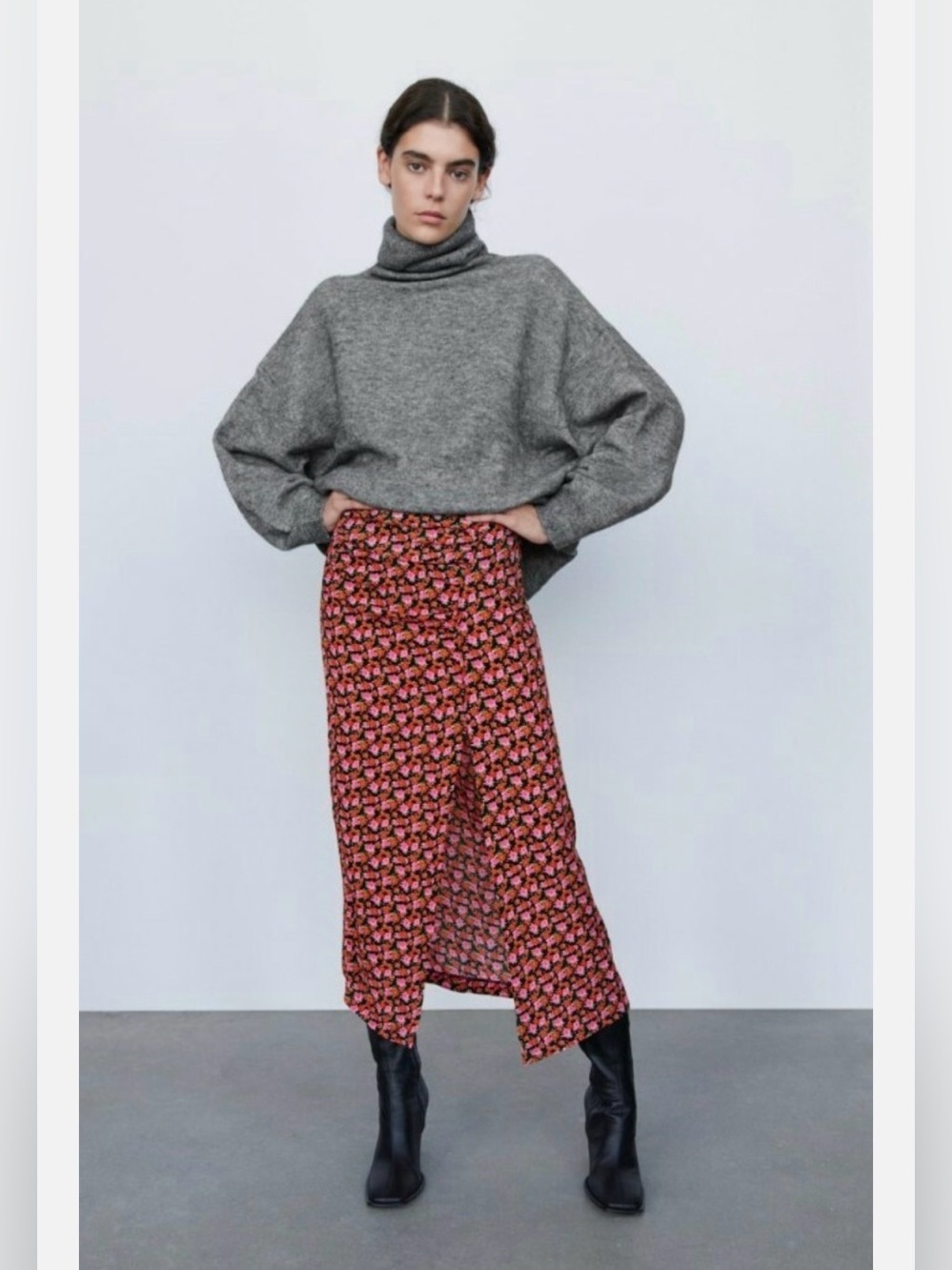Zara Pink Floral Midi Skirt with Side Slit
